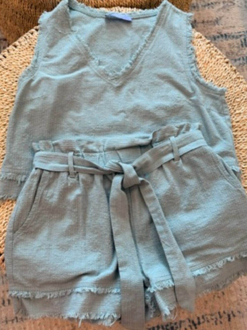 Adelaide Mint Green Tie Waist Shorts with Raw Edges and matching tank set